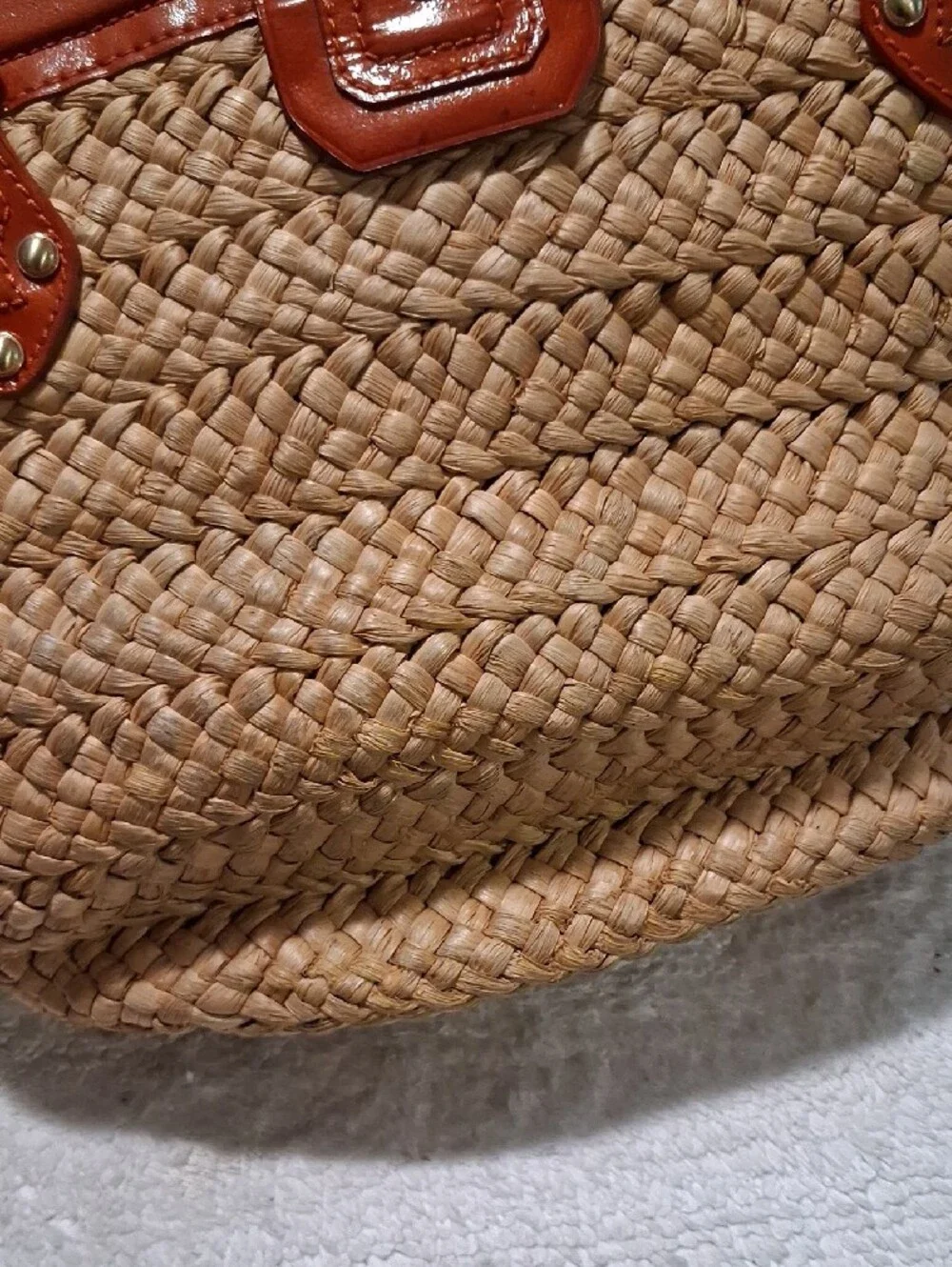 MICHAEL Michael Kors Woven Straw Tote with Burnt Orange Patent Trim